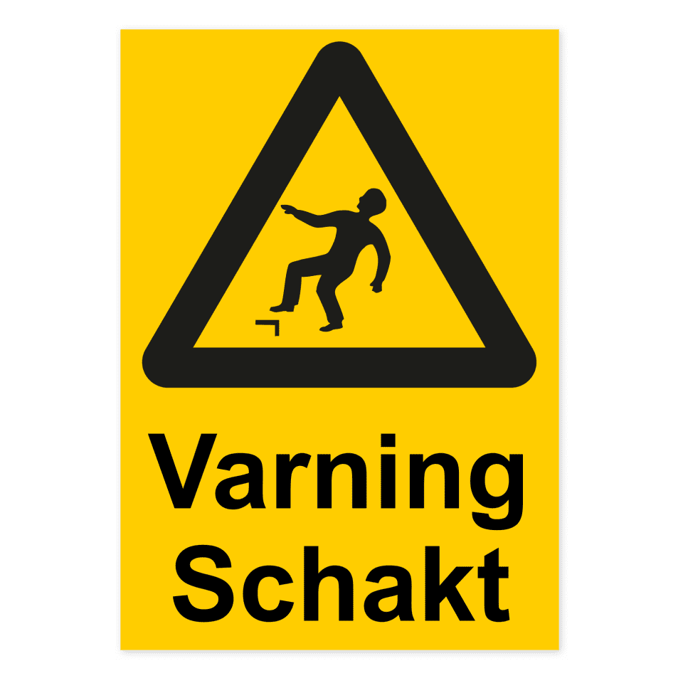 Varning för schakt-skylten har storleken 210x297mm och tillverkas i materialet Aluminium 0.7mm. Denna standardskylt kan anpassas så att du kan skapa din egen version av skylten.