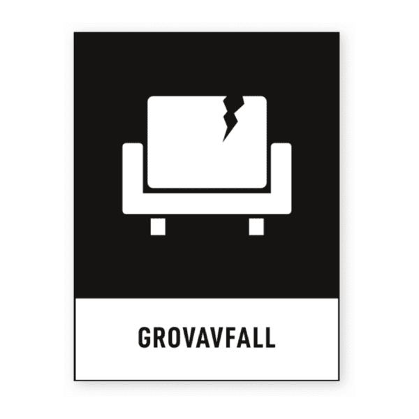 Grovavfall-skylten har storleken 74x97mm och tillverkas i materialet Dekal. Denna standardskylt kan anpassas så att du kan skapa din egen version av skylten.