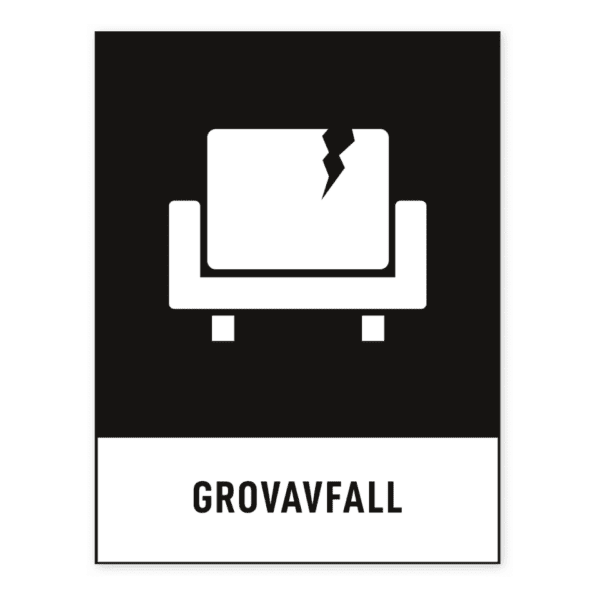 Grovavfall-skylten har storleken 148x194mm och tillverkas i materialet Dekal. Denna standardskylt kan anpassas så att du kan skapa din egen version av skylten.