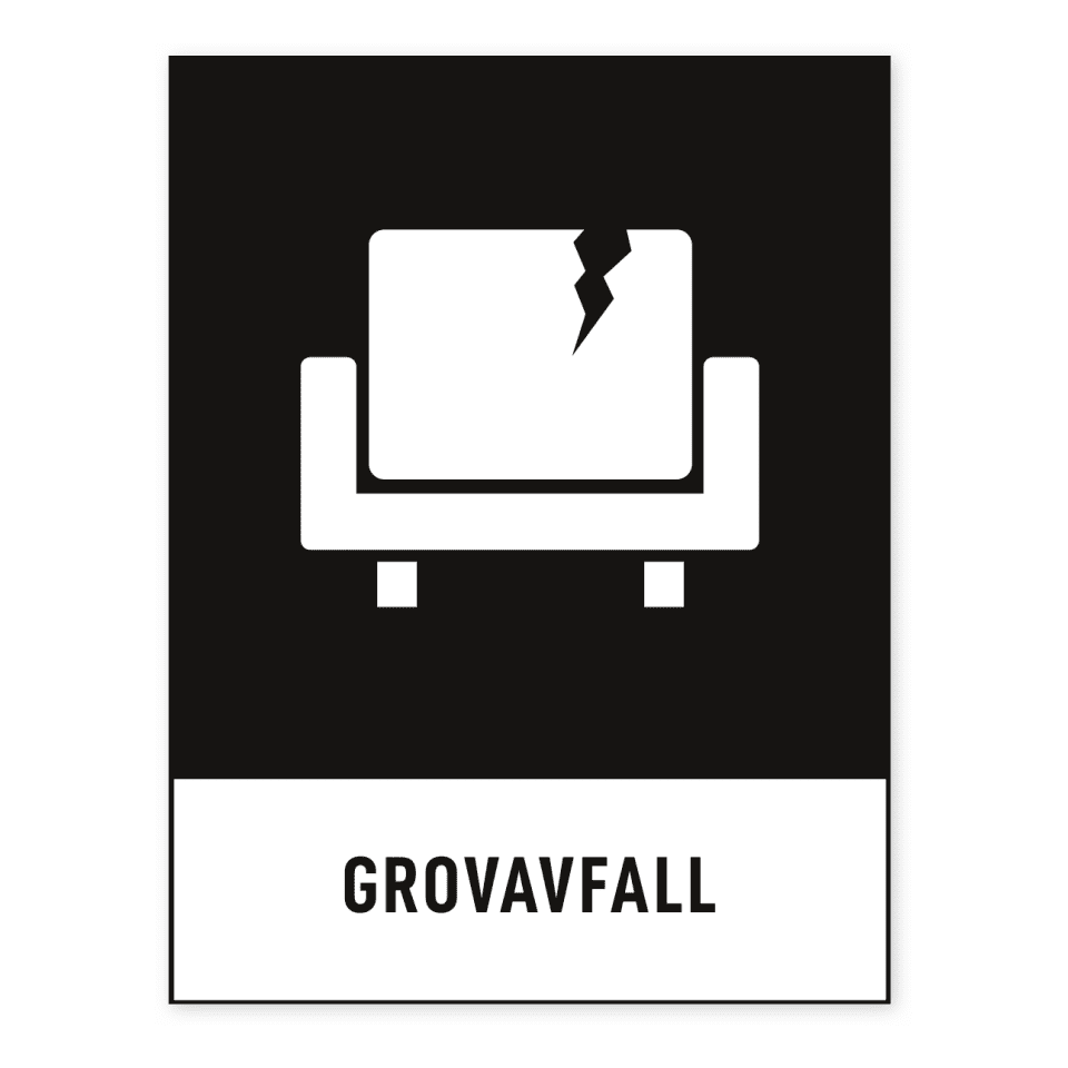 Grovavfall-skylten har storleken 148x194mm och tillverkas i materialet Dekal. Denna standardskylt kan anpassas så att du kan skapa din egen version av skylten.