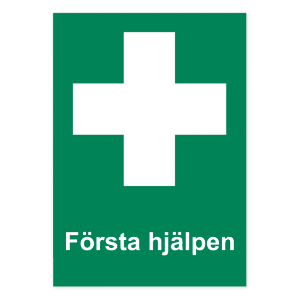 Första hjälpen-skylten har storleken 210x297mm och tillverkas i materialet Aluminium 0.7mm. Denna standardskylt kan anpassas så att du kan skapa din egen version av skylten.