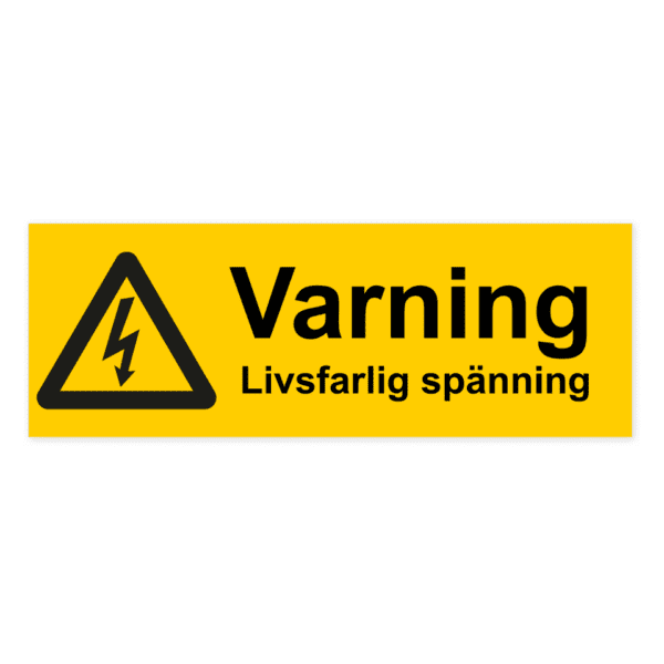 Varning. Livsfarlig spänning-skylten har storleken 297x105mm och tillverkas i materialet Aluminium 0.7mm. Denna standardskylt kan anpassas så att du kan skapa din egen version av skylten.