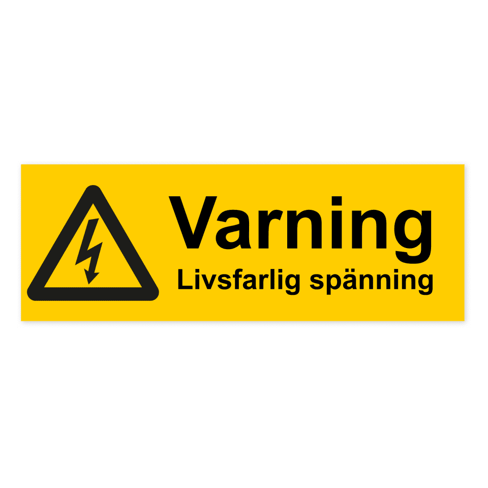 Varning. Livsfarlig spänning-skylten har storleken 297x105mm och tillverkas i materialet Aluminium 0.7mm. Denna standardskylt kan anpassas så att du kan skapa din egen version av skylten.