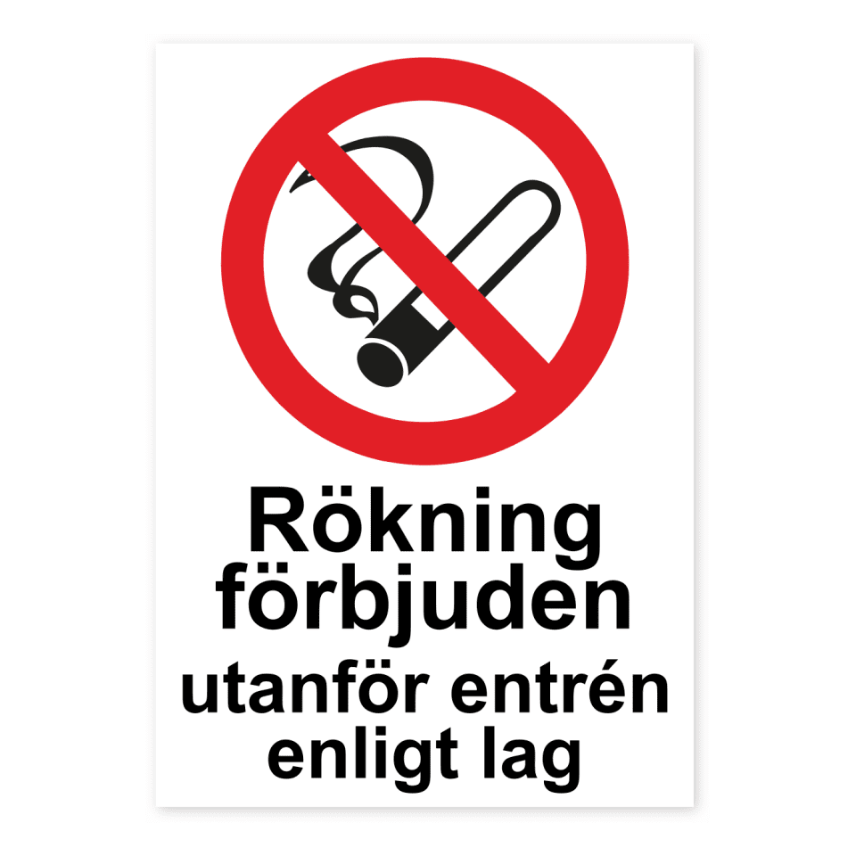 Rökning förbjuden utanför entrén enligt lag-skylten har storleken 148x210mm och tillverkas i materialet Aluminium 0.7mm. Denna standardskylt kan anpassas så att du kan skapa din egen version av skylten.